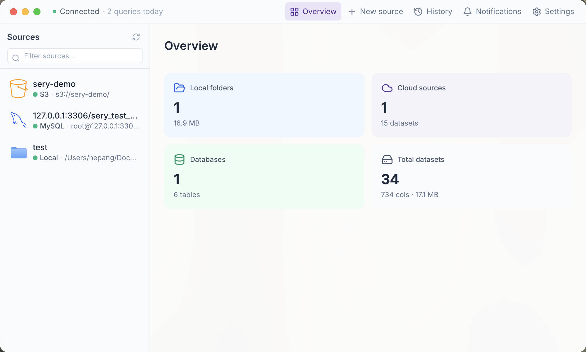 Sery Link desktop app — connected sources and search