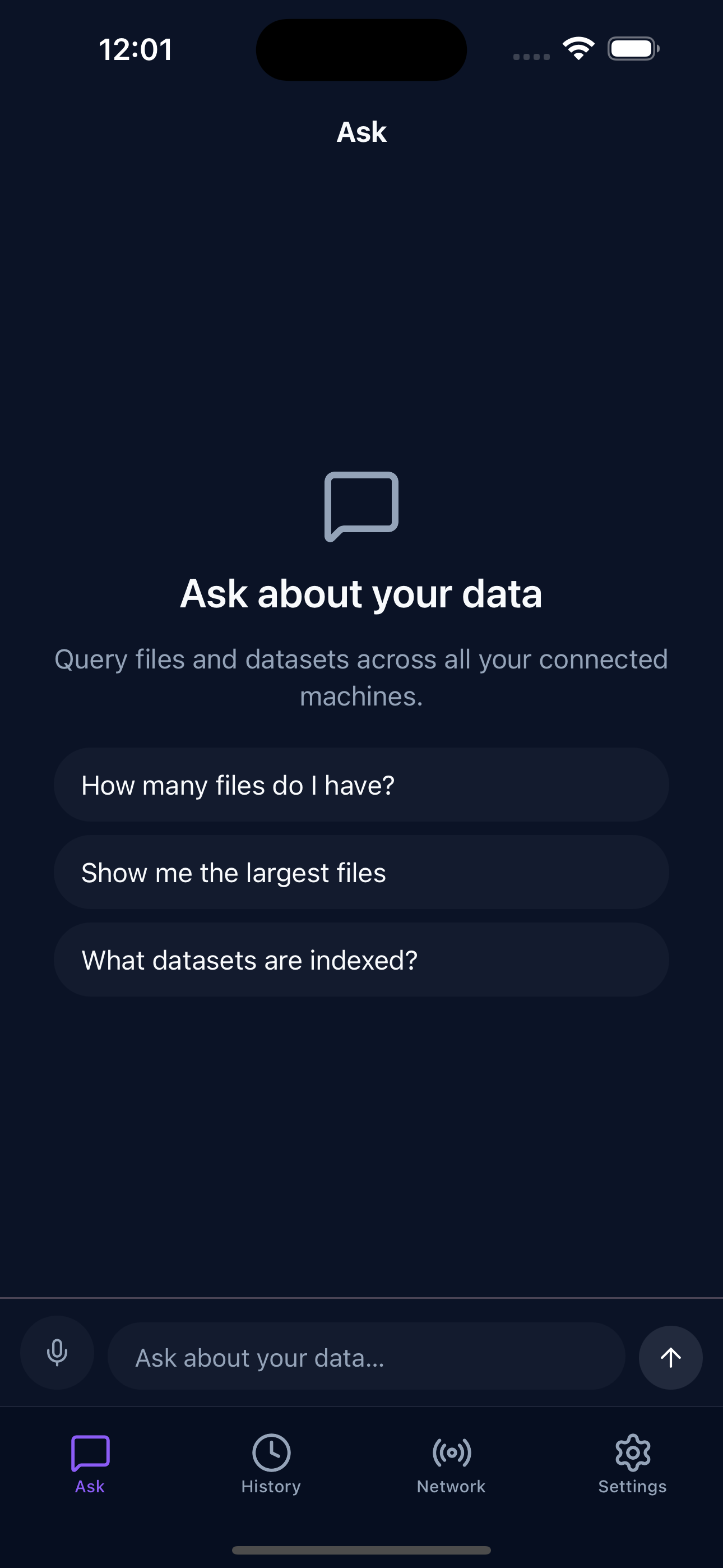 Sery Snap — Ask screen with voice mic and prompt suggestions