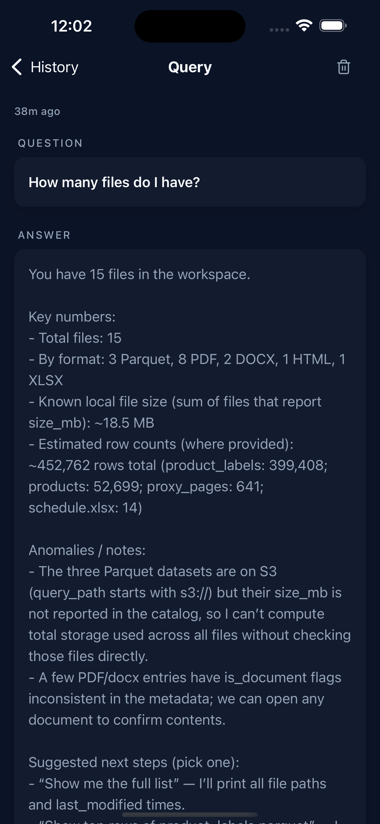 Sery Snap — Query answer showing file counts and format breakdown